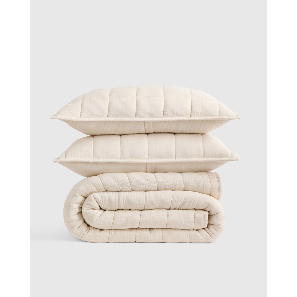 Quince Organic Cotton Gauze Box Quilt Set Queen Undyed Natural Beige New 3pc